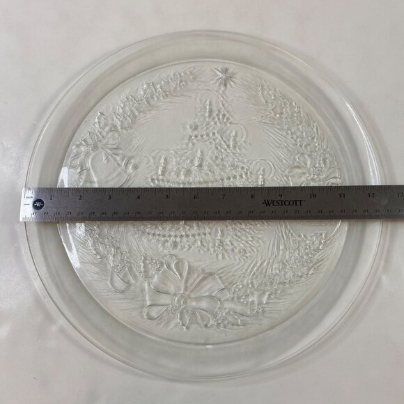 Vintage Clear Glass Christmas Tree Platter With Garlands Bows Bell Design - Picture 8 of 8